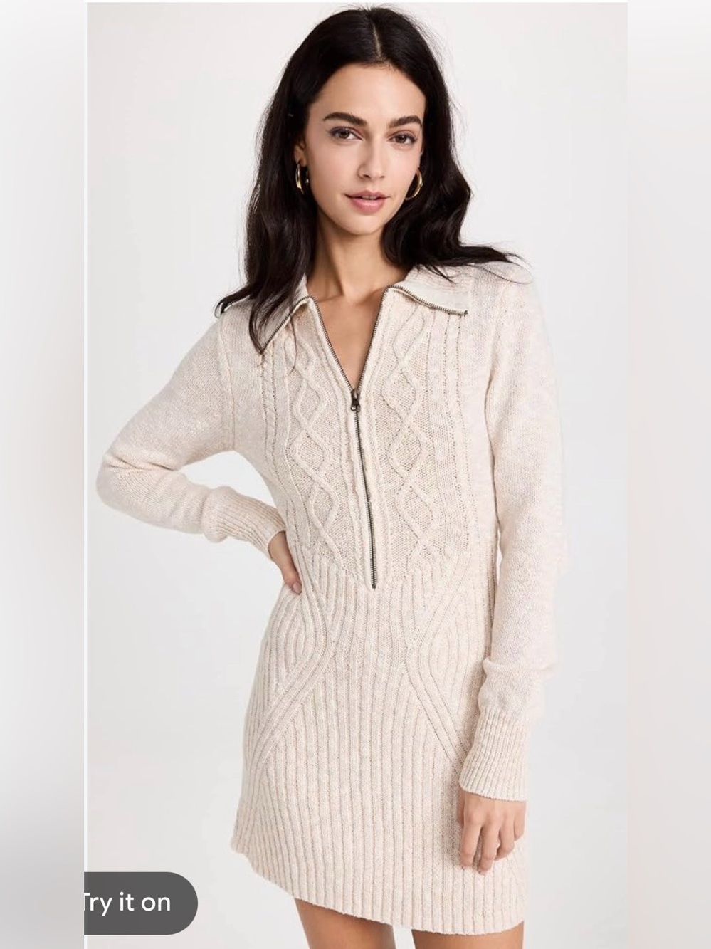 Free People Mont Blanc Knit Zip-Front Sweater Dress in Cream Size Large